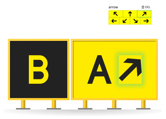 Picking a direction from the configurator's eight-way arrow palette, with the chosen diagonal arrow highlighted on a yellow taxiway guidance sign reading A.